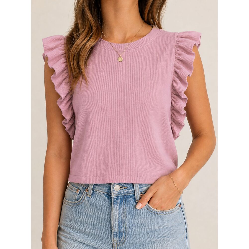 The Vintage Shop Pink Ruffle Sleeve Top Medium Soft Stretch Feminine Tee